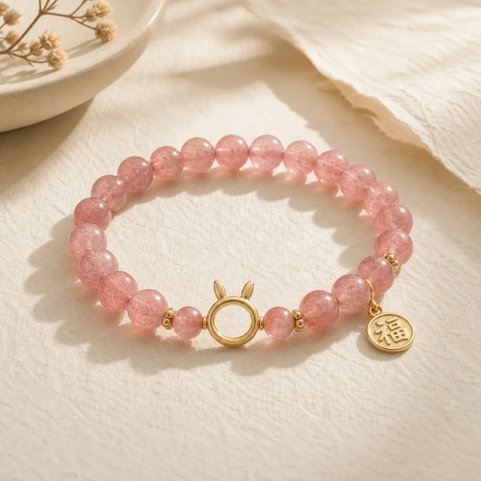 Natural Strawberry Quartz Rabbit Fu Character Charm Love Bracelet featuring Strawberry Quartz, Fu Character, Copper
