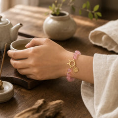 Natural Strawberry Quartz Rabbit Fu Character Charm Love Bracelet featuring Strawberry Quartz, Fu Character, Copper