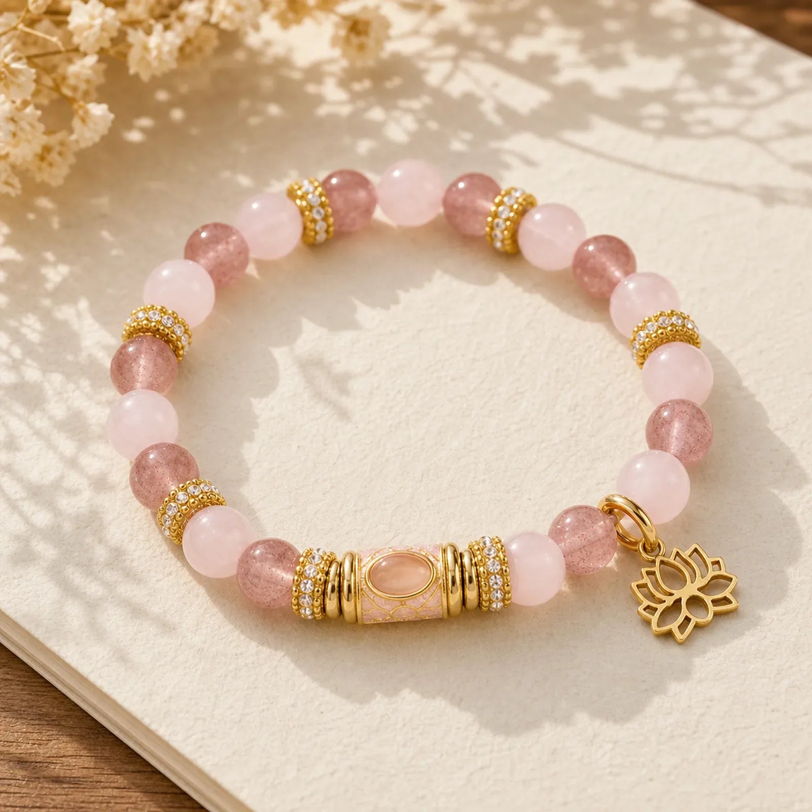 Natural Strawberry Quartz Rose Quartz Enamel Barrel Bead Clarity Round Bead Bracelet featuring Strawberry Quartz, Rose Quartz, Lotus Symbol