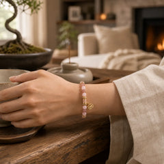 Natural Strawberry Quartz Rose Quartz Enamel Barrel Bead Clarity Round Bead Bracelet featuring Strawberry Quartz, Rose Quartz, Lotus Symbol