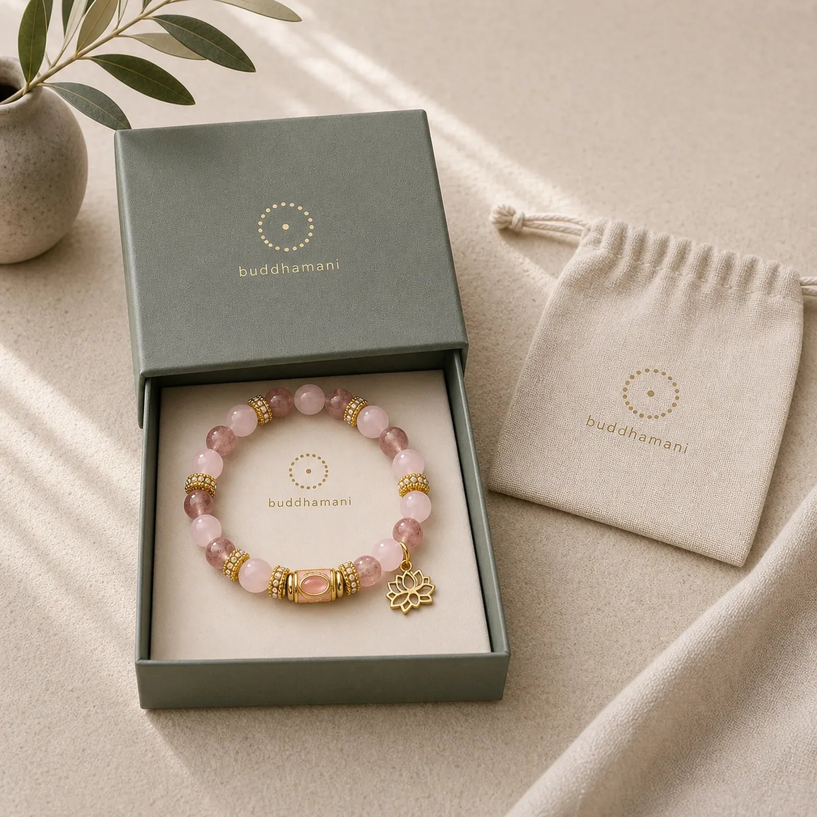 Natural Strawberry Quartz Rose Quartz Enamel Barrel Bead Clarity Round Bead Bracelet featuring Strawberry Quartz, Rose Quartz, Lotus Symbol