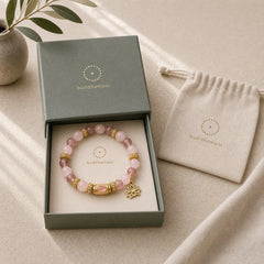 Natural Strawberry Quartz Rose Quartz Enamel Barrel Bead Clarity Round Bead Bracelet featuring Strawberry Quartz, Rose Quartz, Lotus Symbol