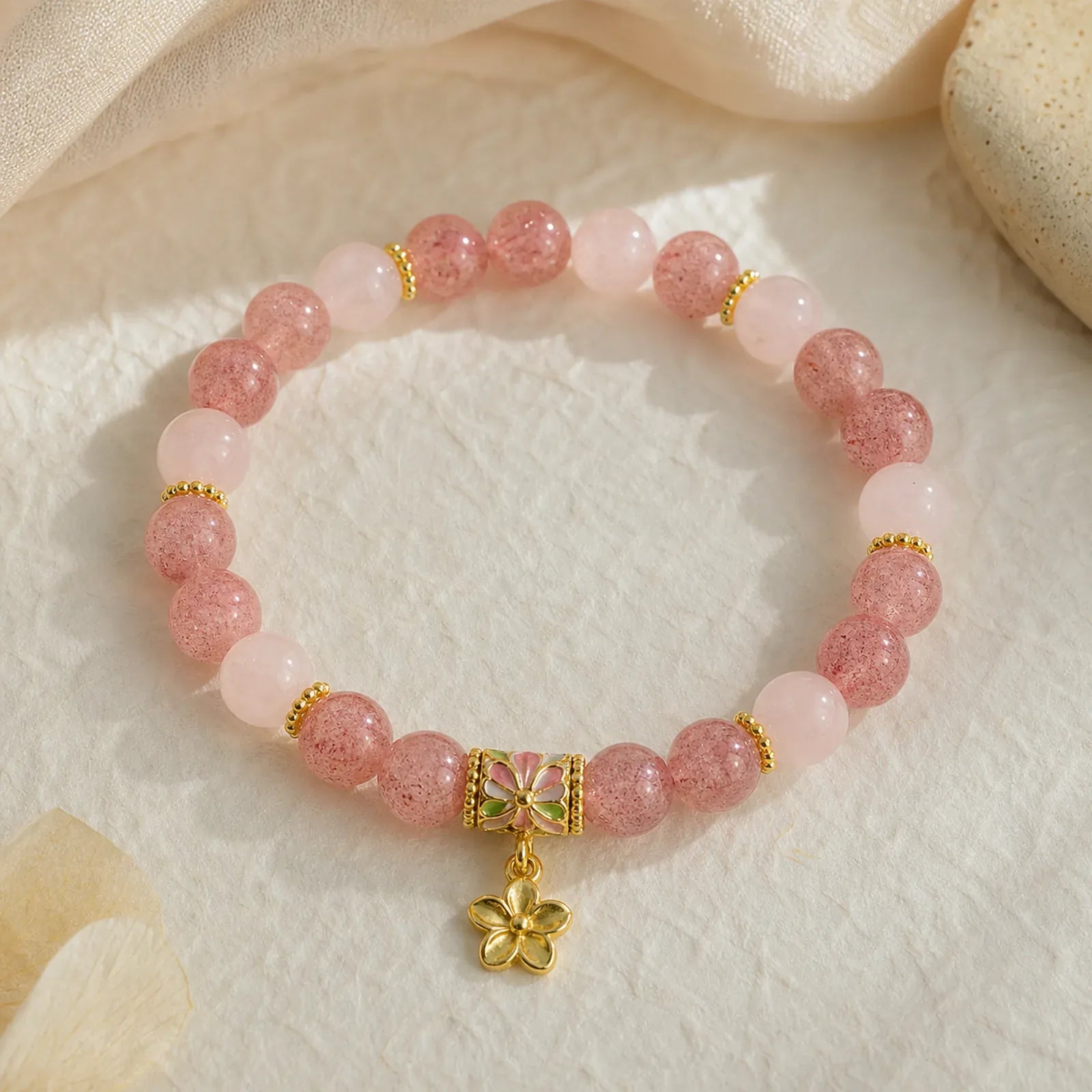 Natural Strawberry Quartz Rose Quartz Enamel Flowers Pendant Love Round Polished Bead Bracelet featuring Strawberry Quartz, Rose Quartz, Lotus