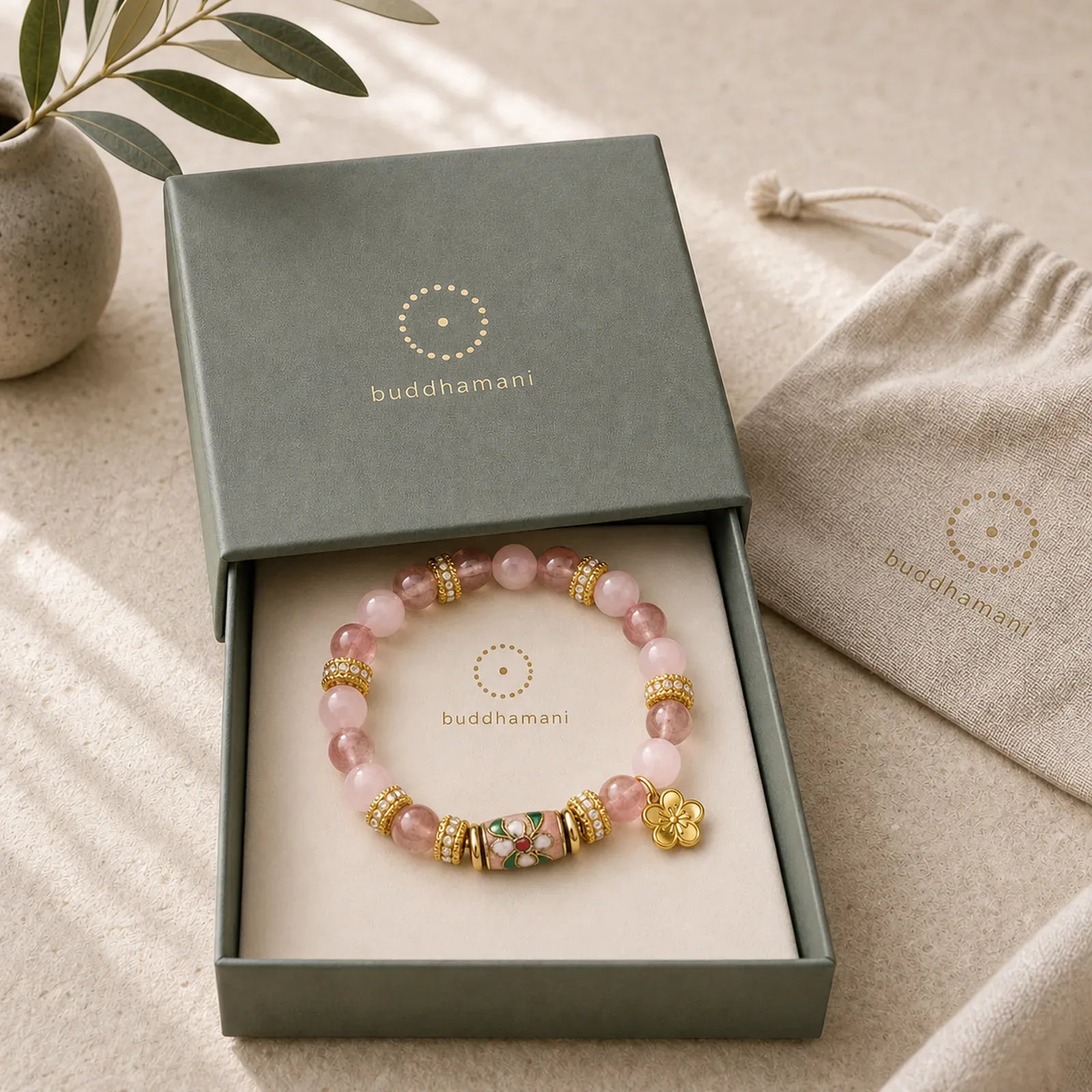 Natural Strawberry Quartz Rose Quartz Enamel Flowers Pendant Love Round Polished Bead Bracelet featuring Strawberry Quartz, Rose Quartz, Lotus