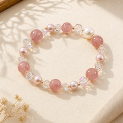 Natural Strawberry Quartz White Crystal Pearl Positive Bracelet featuring Strawberry Quartz, Clear Quartz / White Crystal, Pearl