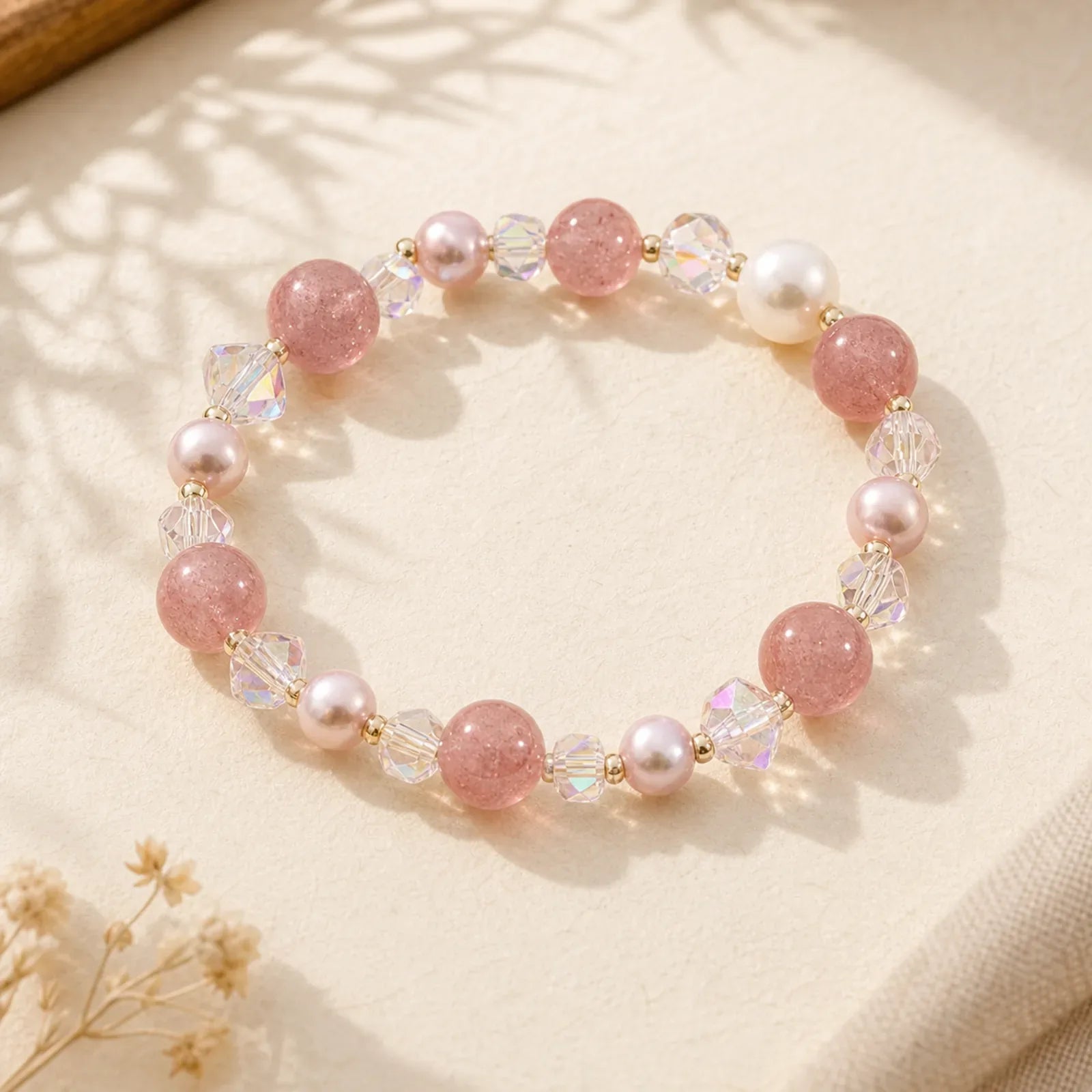 Natural Strawberry Quartz White Crystal Pearl Positive Bracelet featuring Strawberry Quartz, Clear Quartz / White Crystal, Pearl
