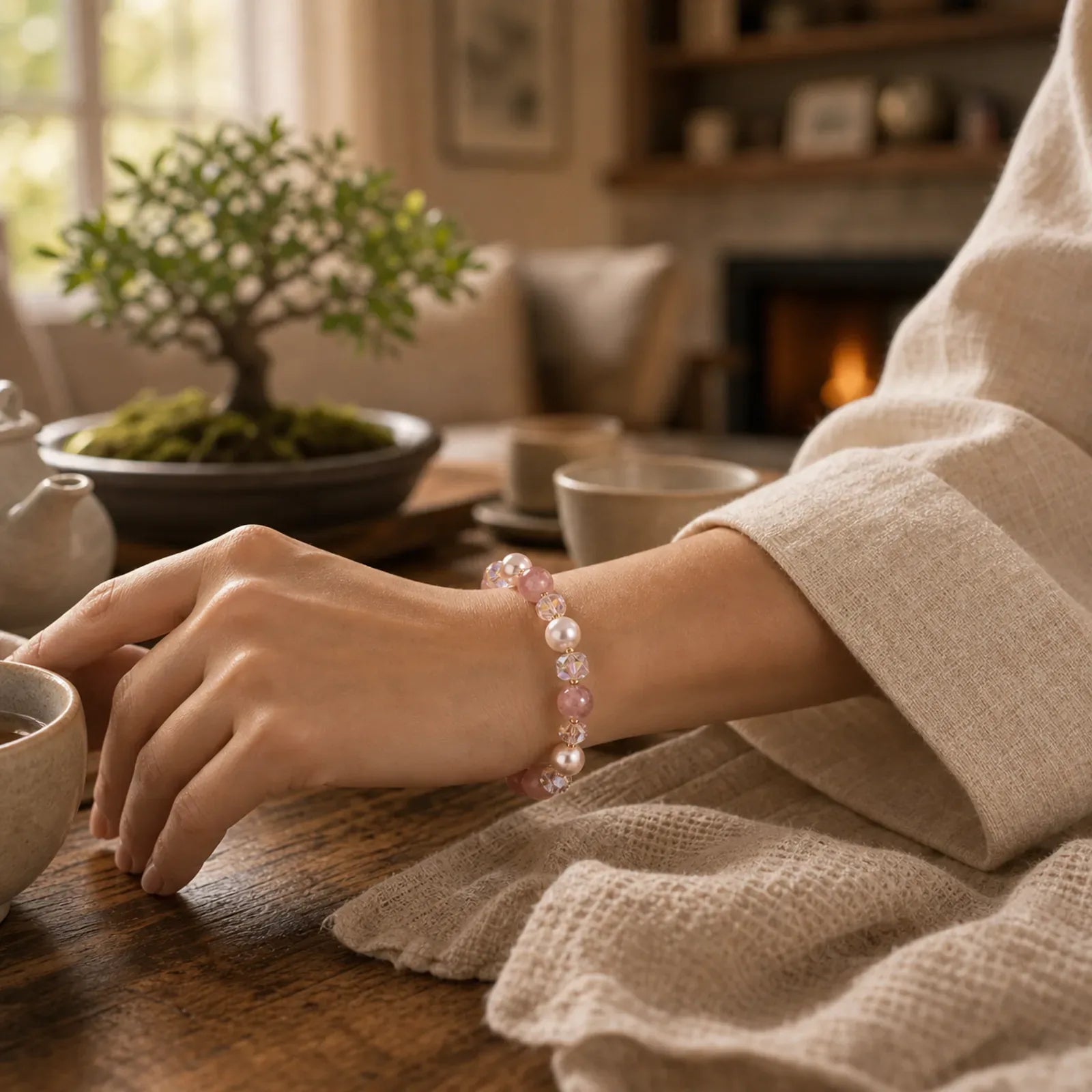 Natural Strawberry Quartz White Crystal Pearl Positive Bracelet featuring Strawberry Quartz, Clear Quartz / White Crystal, Pearl