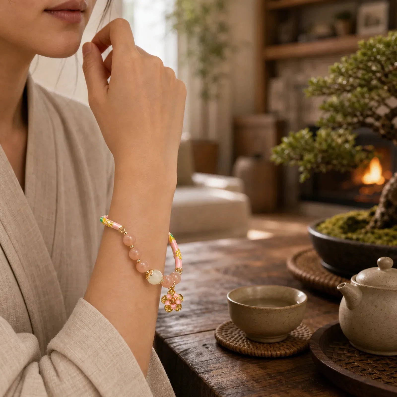 Natural Sun Stone Golden Silk Jade Flower Charm Wealth Bracelet Bangle featuring Sun Stone, Golden Silk Jade
