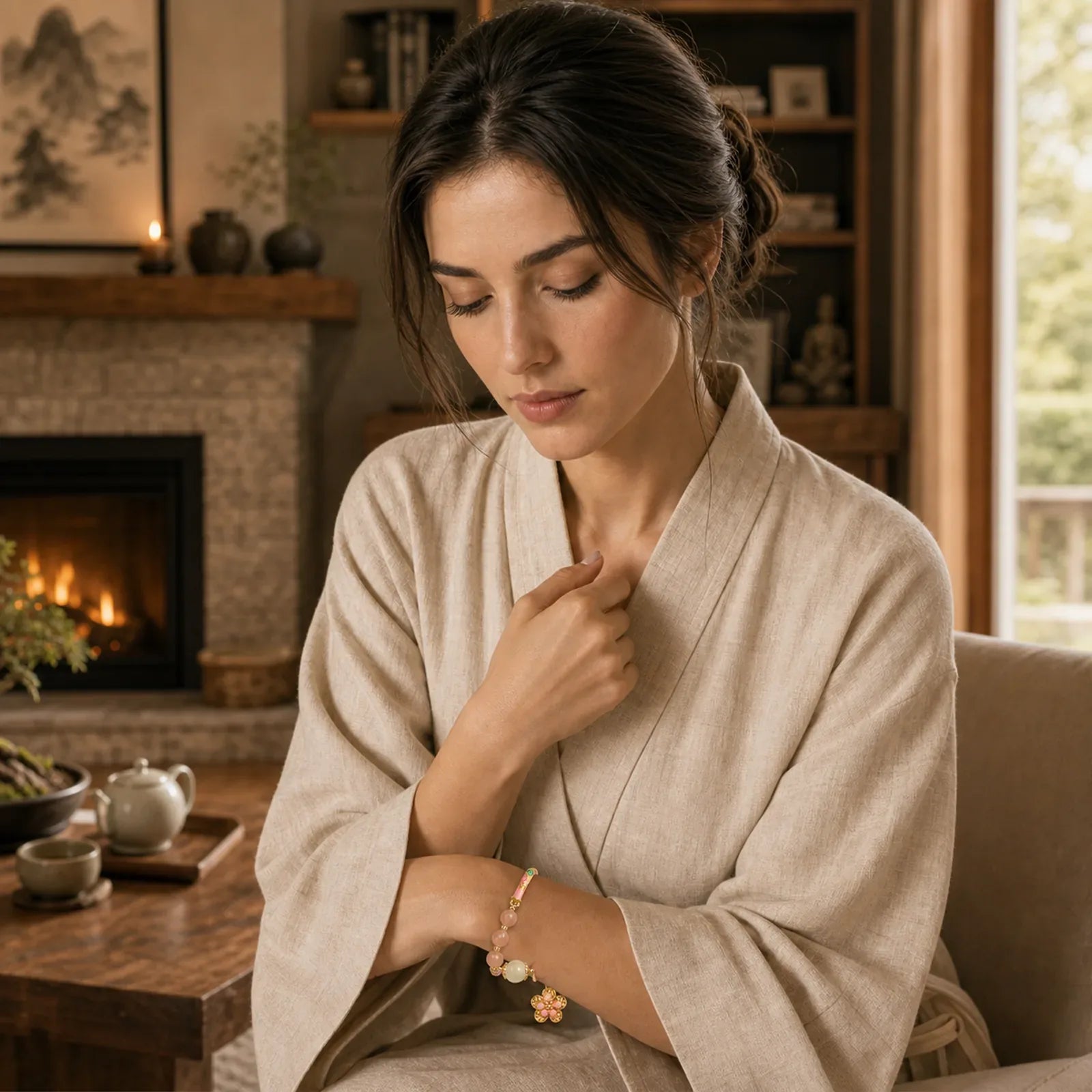 Natural Sun Stone Golden Silk Jade Flower Charm Wealth Bracelet Bangle featuring Sun Stone, Golden Silk Jade