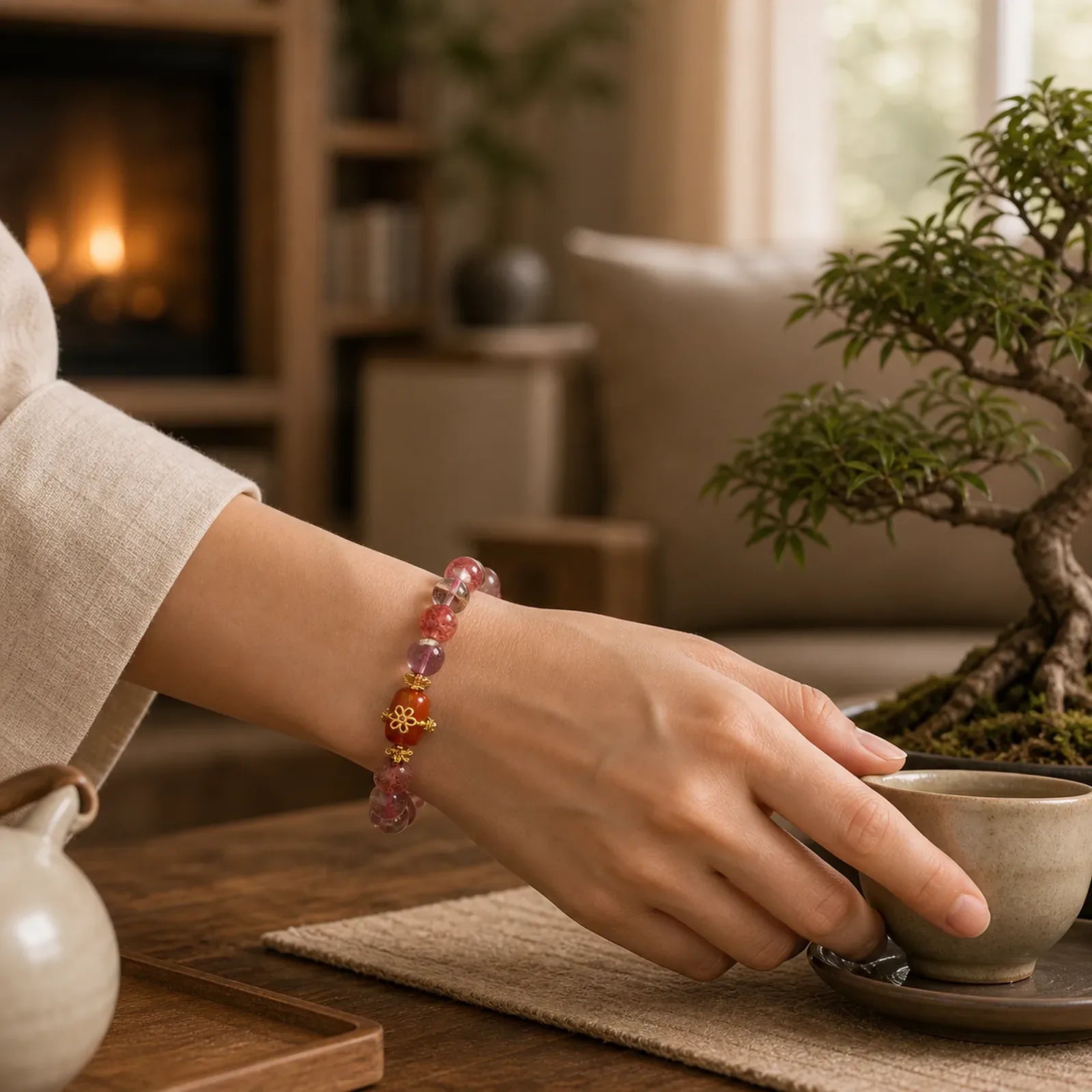 Natural Super Seven Crystal Red Agate Positivity Bracelet featuring Super Seven Crystal, Red Agate, Amethyst