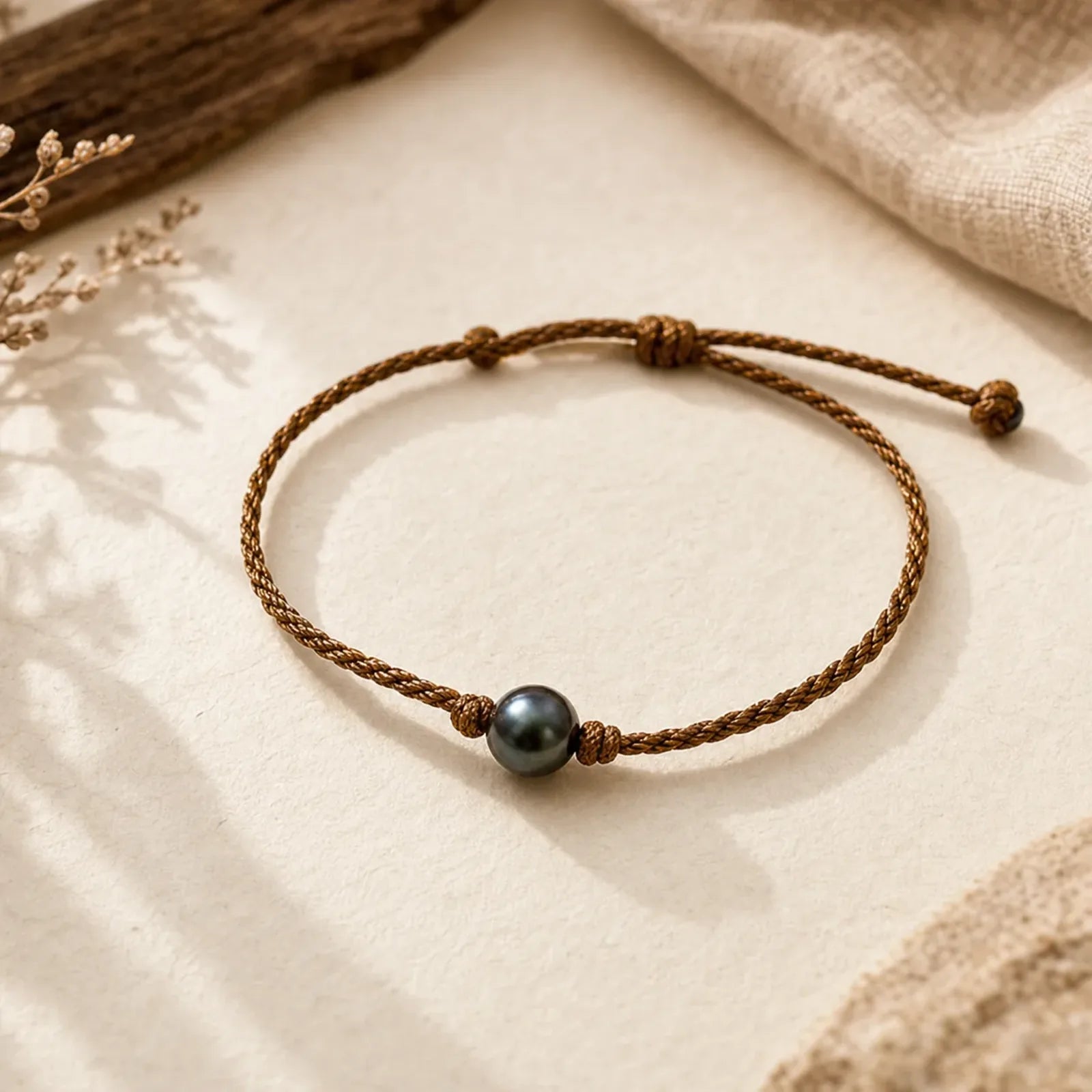 Natural Tahitian Black Pearl Bead Wax Rope Wisdom Bracelet featuring Pearl
