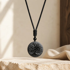 Natural The Tree of Life Pattern Black Obsidian Transformation Necklace Pendant featuring The Tree of Life, Black Obsidian