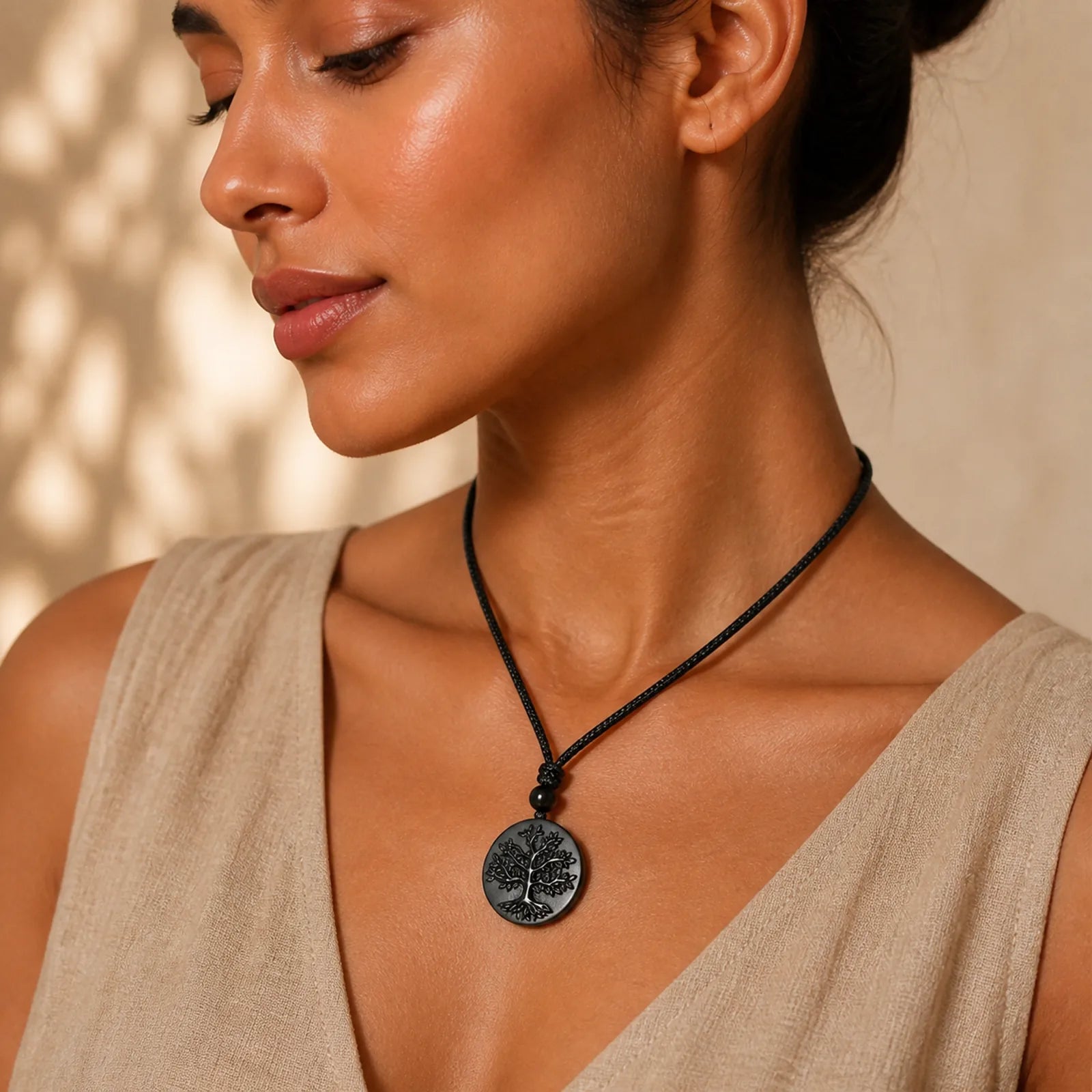 Natural The Tree of Life Pattern Black Obsidian Transformation Necklace Pendant featuring The Tree of Life, Black Obsidian