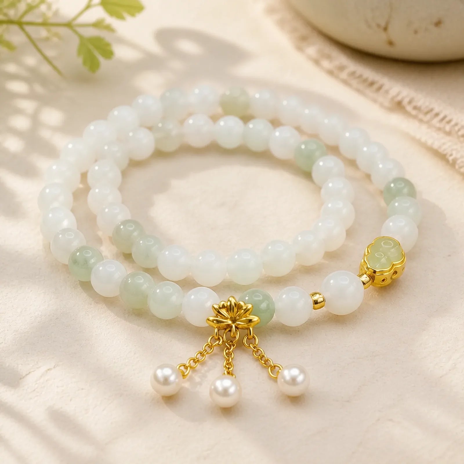 Natural Tianshan Jade Lotus Gourd Double Circle Prosperity Bracelet featuring Jade, Lotus, Quartzite