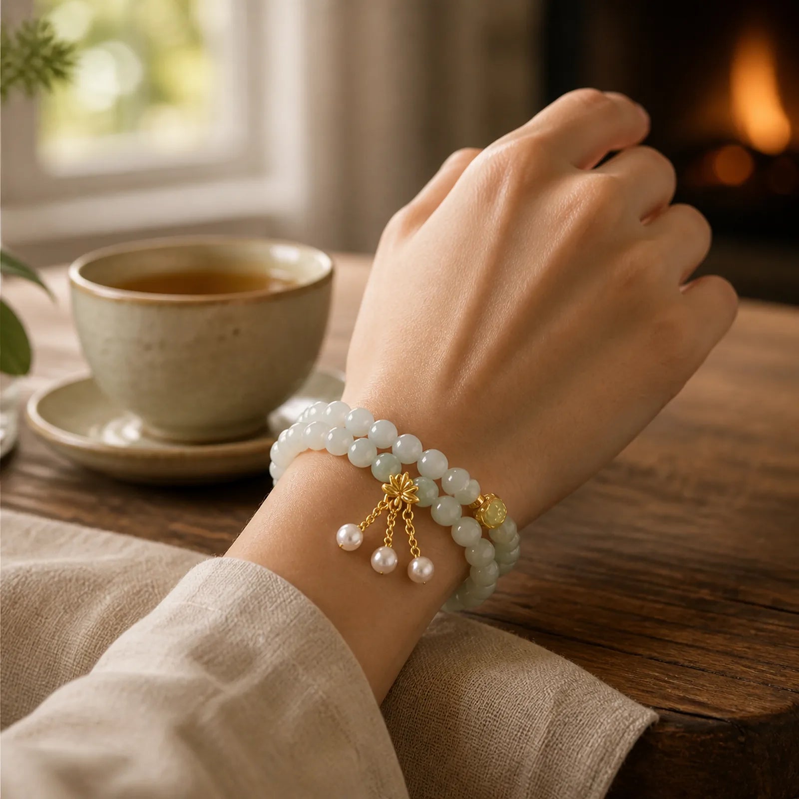 Natural Tianshan Jade Lotus Gourd Double Circle Prosperity Bracelet featuring Jade, Lotus, Quartzite