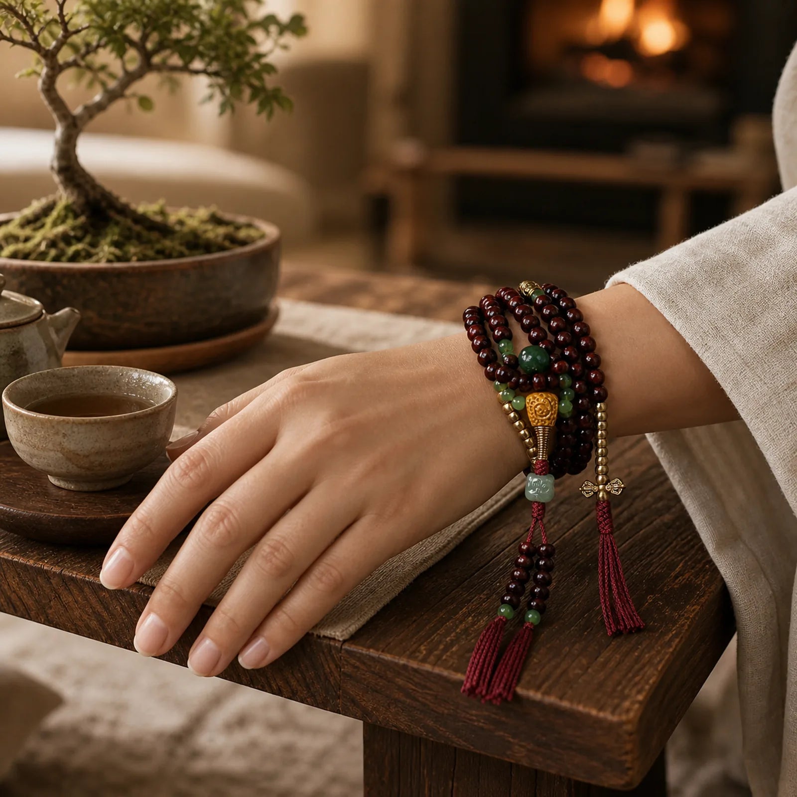 Natural Tibet 108 Mala Beads Purple Bodhi Seed Hetian Cyan Jade Copper Dorje Peace Bracelet featuring Bodhi Seed, Cyan Jade, Jade