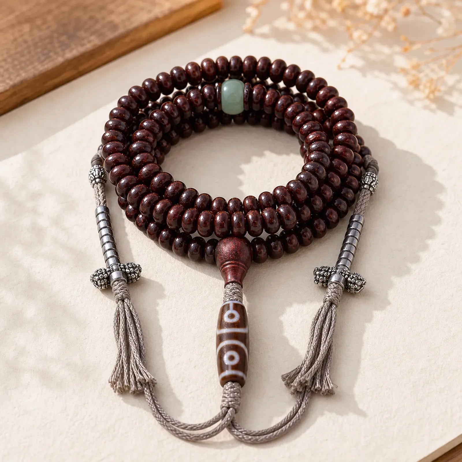 Natural Tibet 108 Mala Beads Purple Bodhi Seed Three-eyed Dzi Bead Copper Dorje Harmony Bracelet featuring Bodhi Seed, Three-eyed Dzi Bead, Dzi Bead
