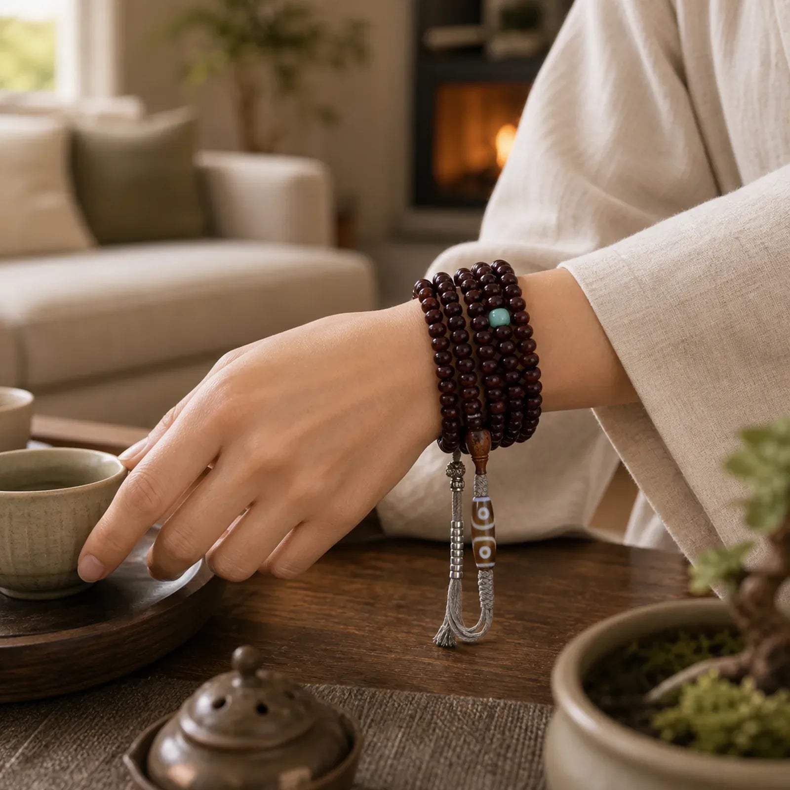 Natural Tibet 108 Mala Beads Purple Bodhi Seed Three-eyed Dzi Bead Copper Dorje Harmony Bracelet featuring Bodhi Seed, Three-eyed Dzi Bead, Dzi Bead