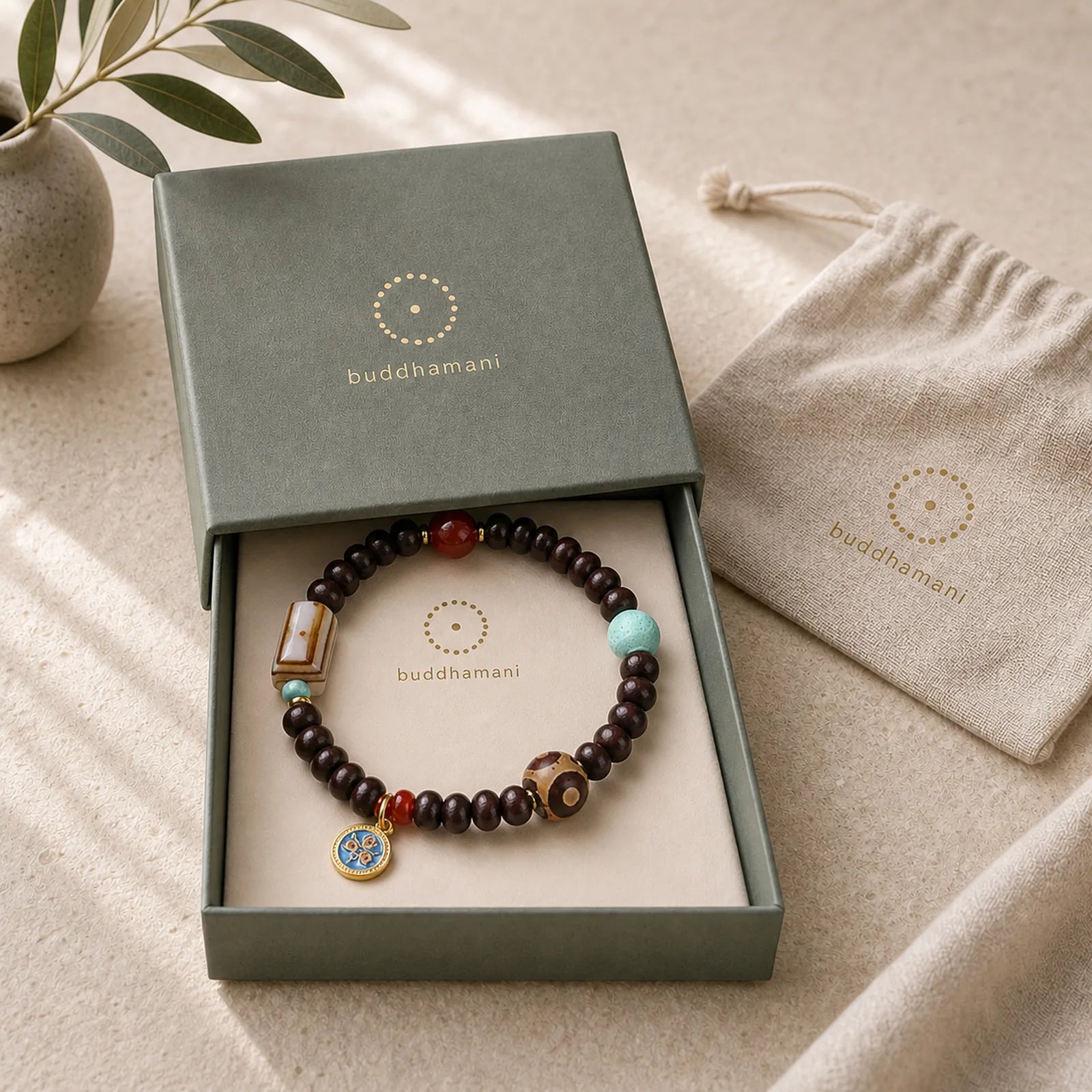 Natural Tibet Purple Bodhi Seed Dzi Bead God of Wealth Wisdom Bracelet featuring Bodhi Seed, Dzi Bead, Red Sandalwood