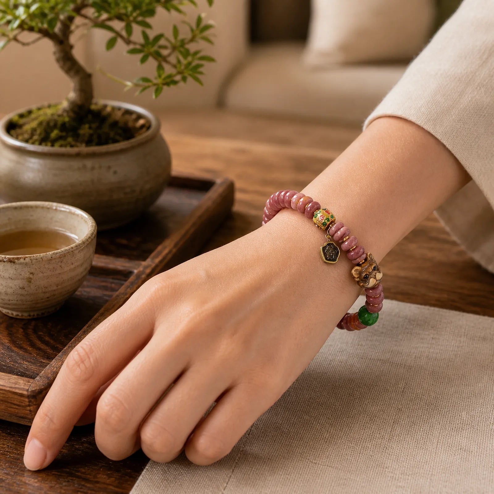Natural Tibetan Camel Bone Purple Blood Beads Pug Luck Bracelet featuring Camel Bone, Yak Bone, Copper