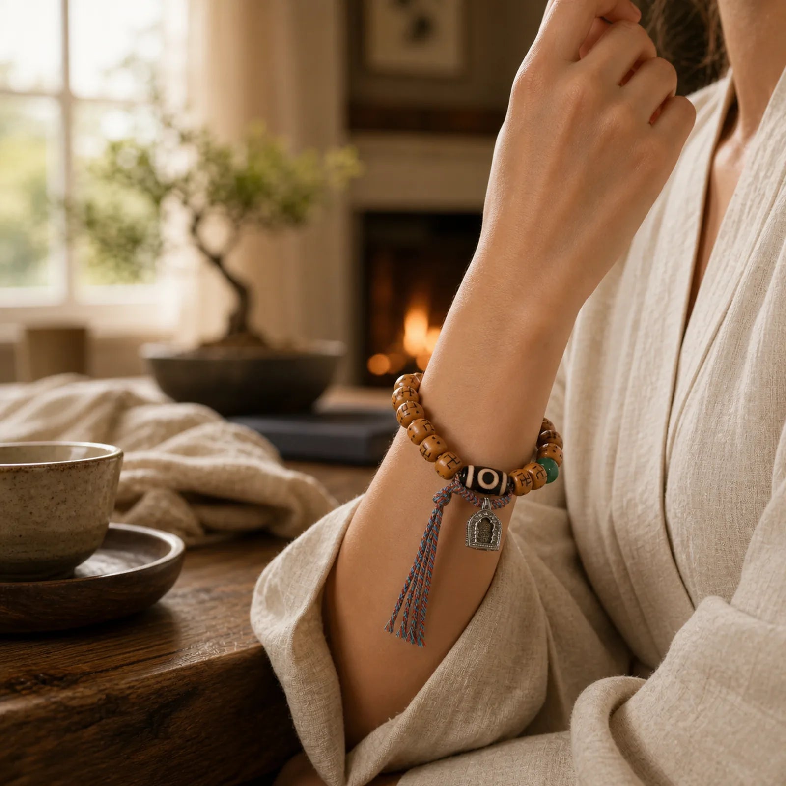 Natural Tibetan Camel Bone Swastika Dzi Bead Shankha Buddha Charm Kirtimukha Luck Protection Tassel Bracelet featuring Camel Bone, Dzi Bead, Swastika-卍