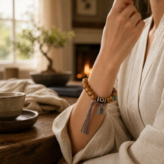 Natural Tibetan Camel Bone Swastika Dzi Bead Shankha Buddha Charm Kirtimukha Luck Protection Tassel Bracelet featuring Camel Bone, Dzi Bead, Swastika-卍