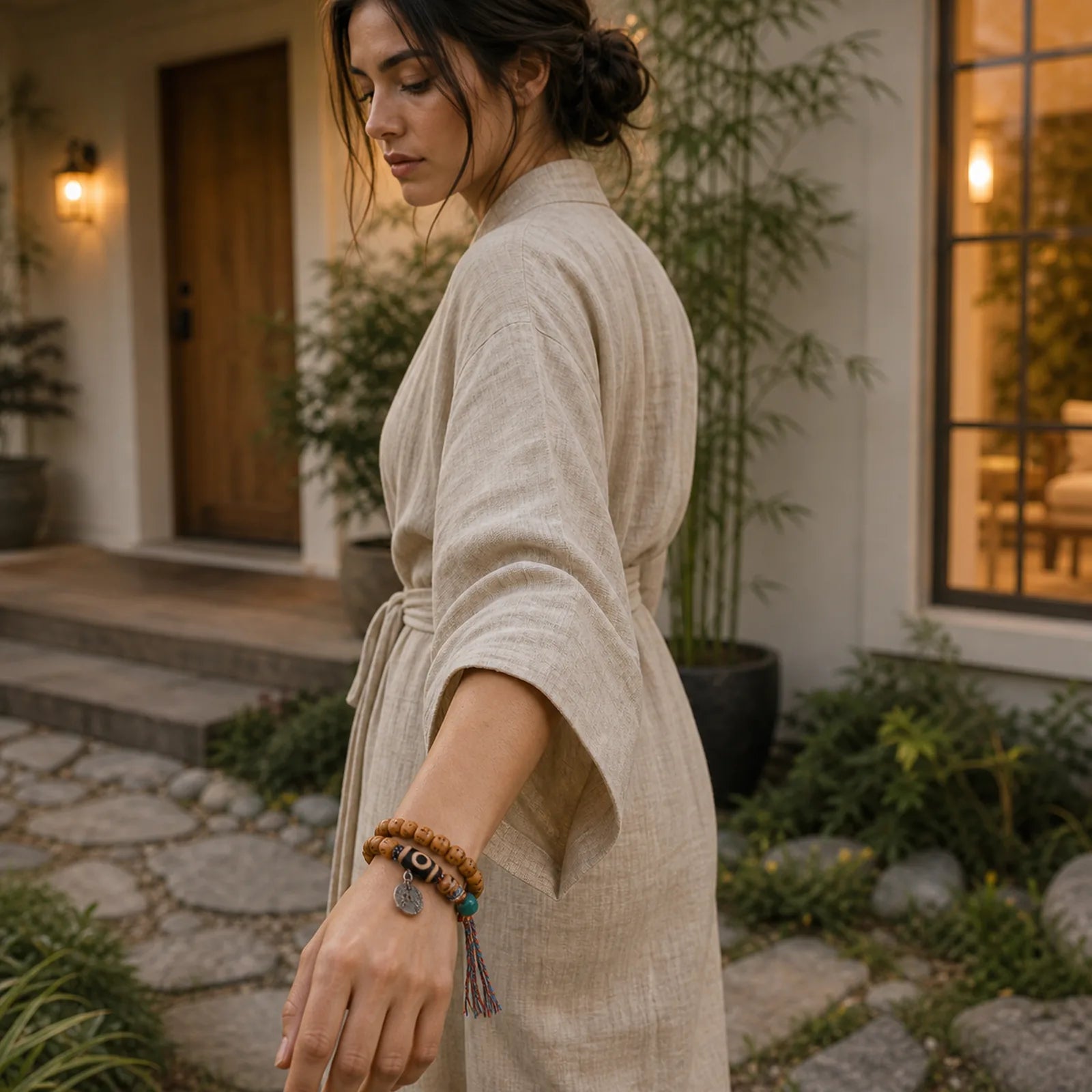 Natural Tibetan Camel Bone Swastika Dzi Bead Shankha Buddha Charm Kirtimukha Luck Protection Tassel Bracelet featuring Camel Bone, Dzi Bead, Swastika-卍