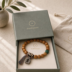 Natural Tibetan Camel Bone Swastika Dzi Bead Shankha Buddha Charm Kirtimukha Luck Protection Tassel Bracelet featuring Camel Bone, Dzi Bead, Swastika-卍