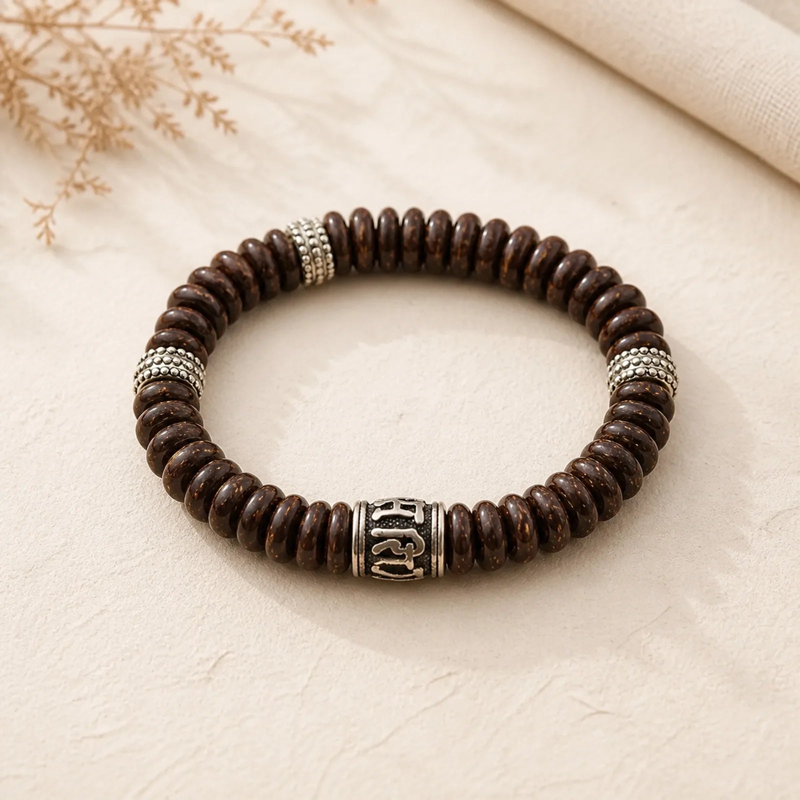 Natural Tibetan Coconut Shell Om Mani Padme Hum Positive Bracelet featuring Coconut Shell, Om Mani Padme Hum, Om