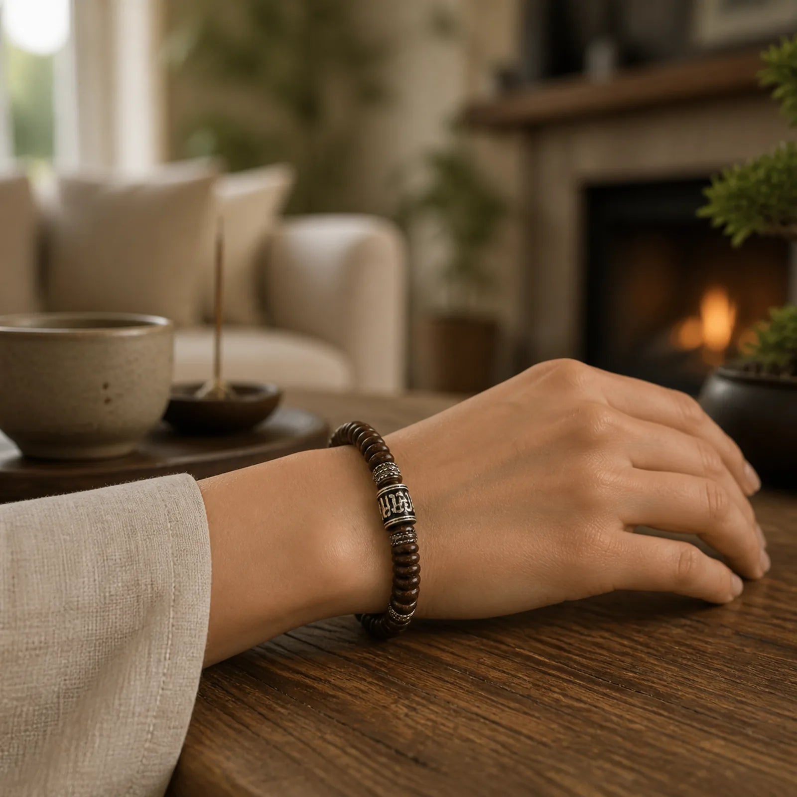 Natural Tibetan Coconut Shell Om Mani Padme Hum Positive Bracelet featuring Coconut Shell, Om Mani Padme Hum, Om