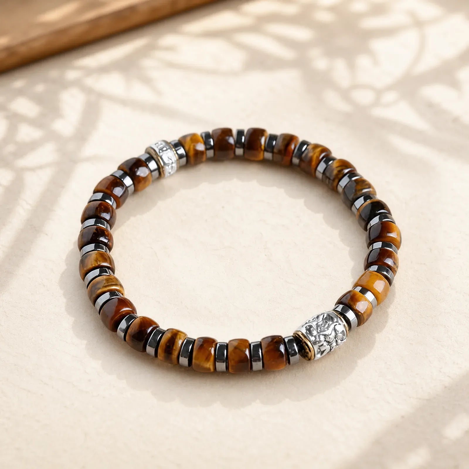 Natural Tiger Eye Antique Silver Lion Confidence Bead Bracelet featuring Tiger Eye, Silver, Lion