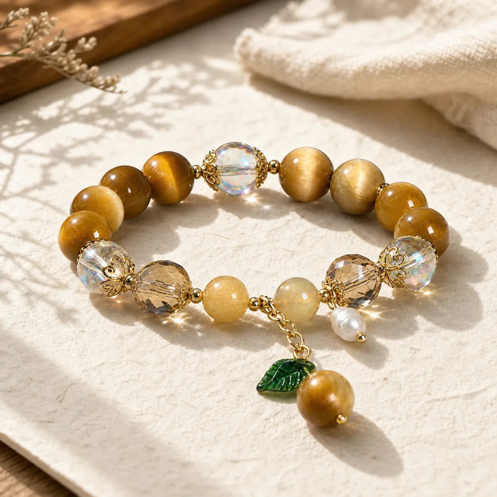 Natural Tiger Eye Beads Green Leaf Courage Bracelet featuring Tiger Eye, Rutilated Quartz, Copper