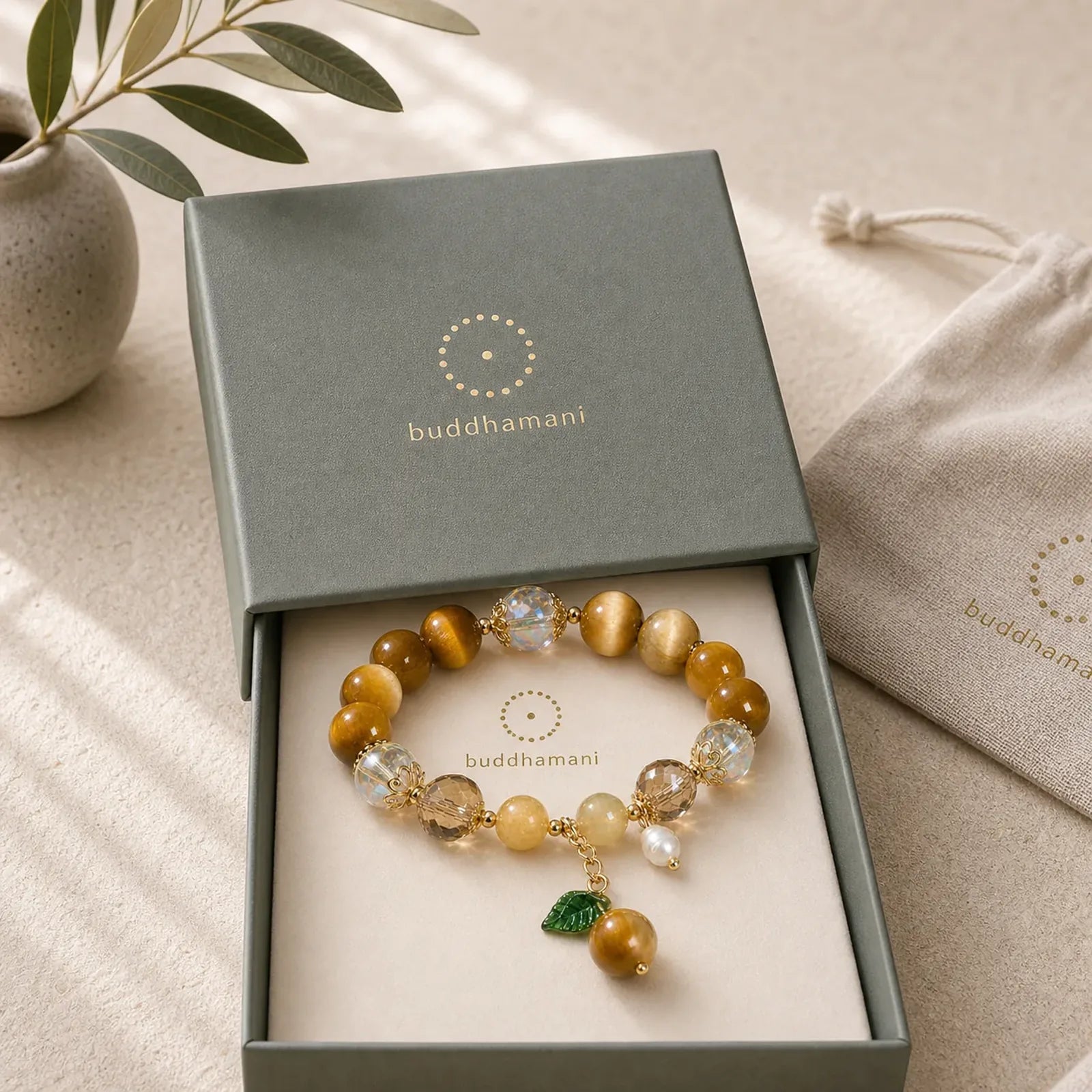 Natural Tiger Eye Beads Green Leaf Courage Bracelet featuring Tiger Eye, Rutilated Quartz, Copper