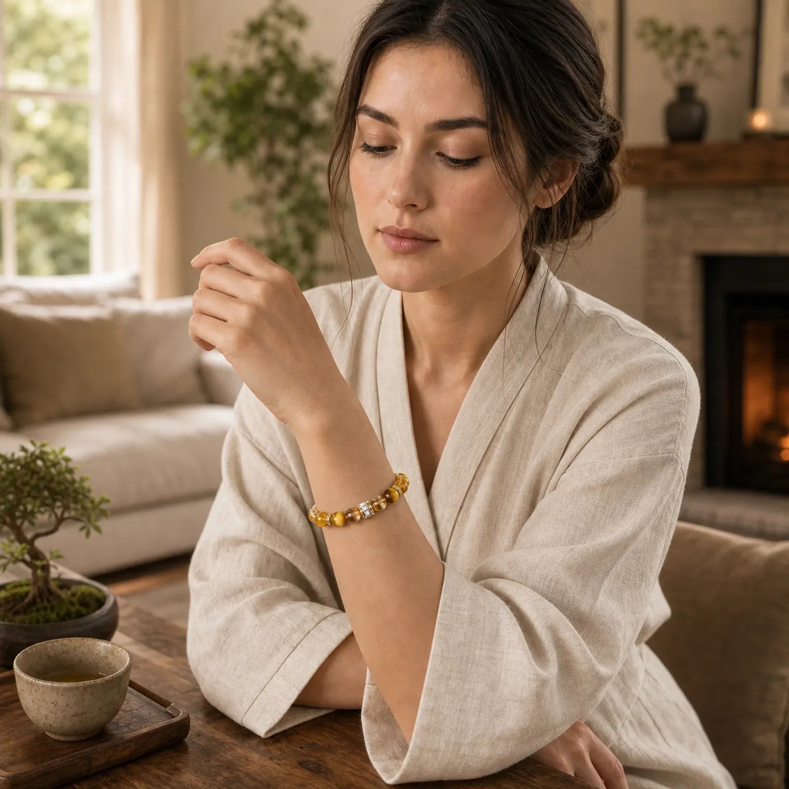 Natural Tiger Eye Citrine Beads Strength Courage Bracelet featuring Tiger Eye, Citrine, Copper