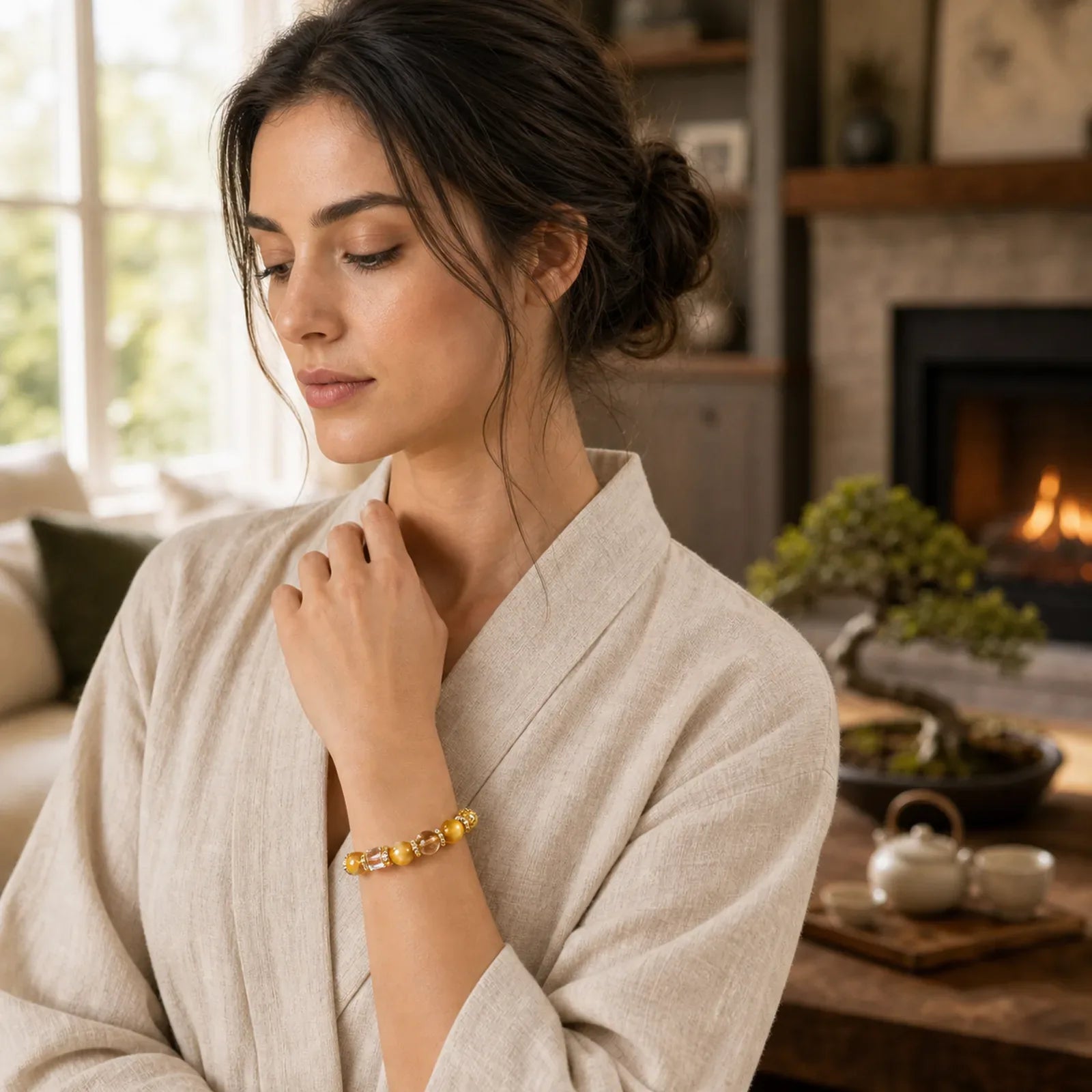 Natural Tiger Eye Citrine Beads Strength Courage Bracelet featuring Tiger Eye, Citrine, Copper