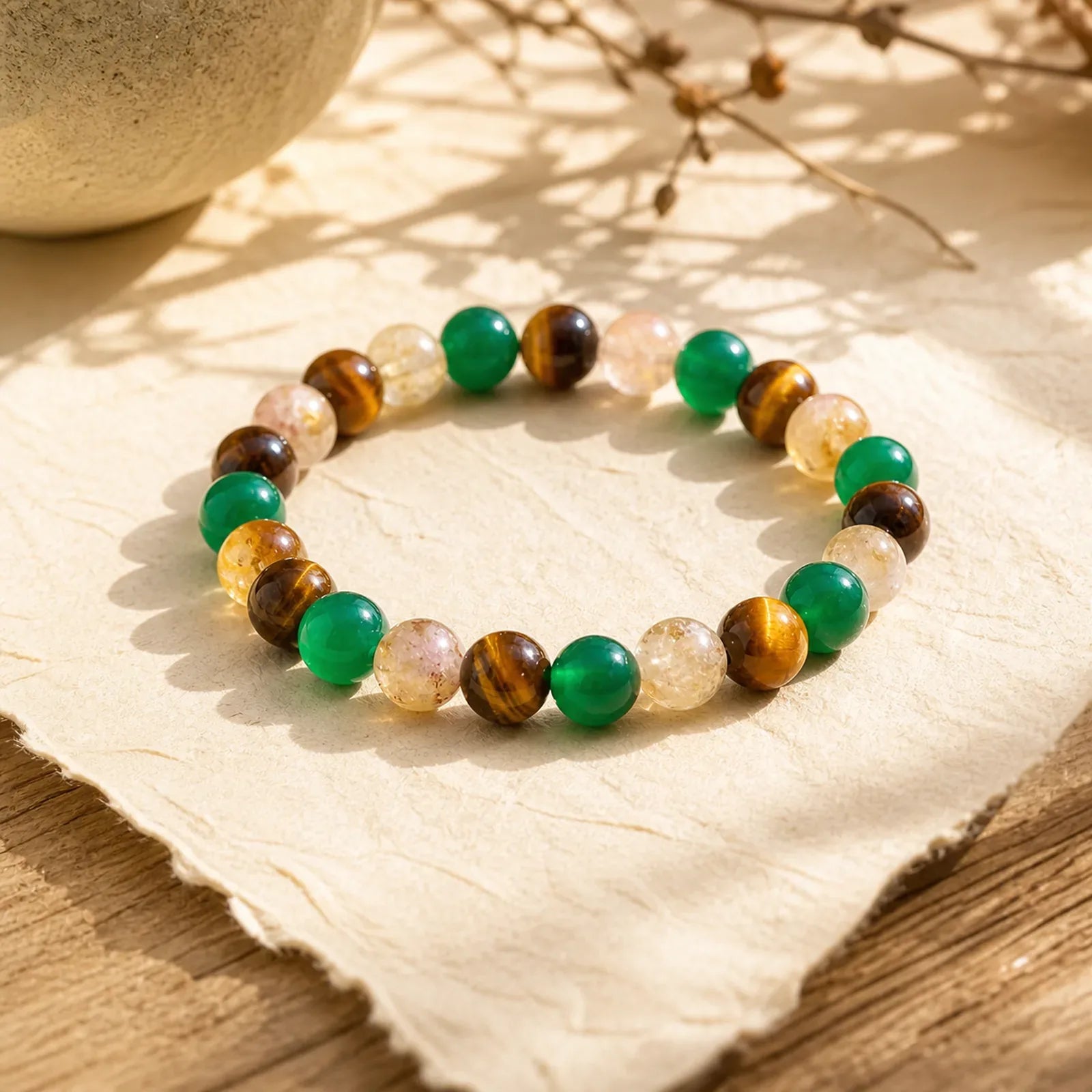 Natural Tiger Eye Green Agate Citrine Mix And Match Beads Protection Bracelet featuring Tiger Eye, Green Agate, Citrine