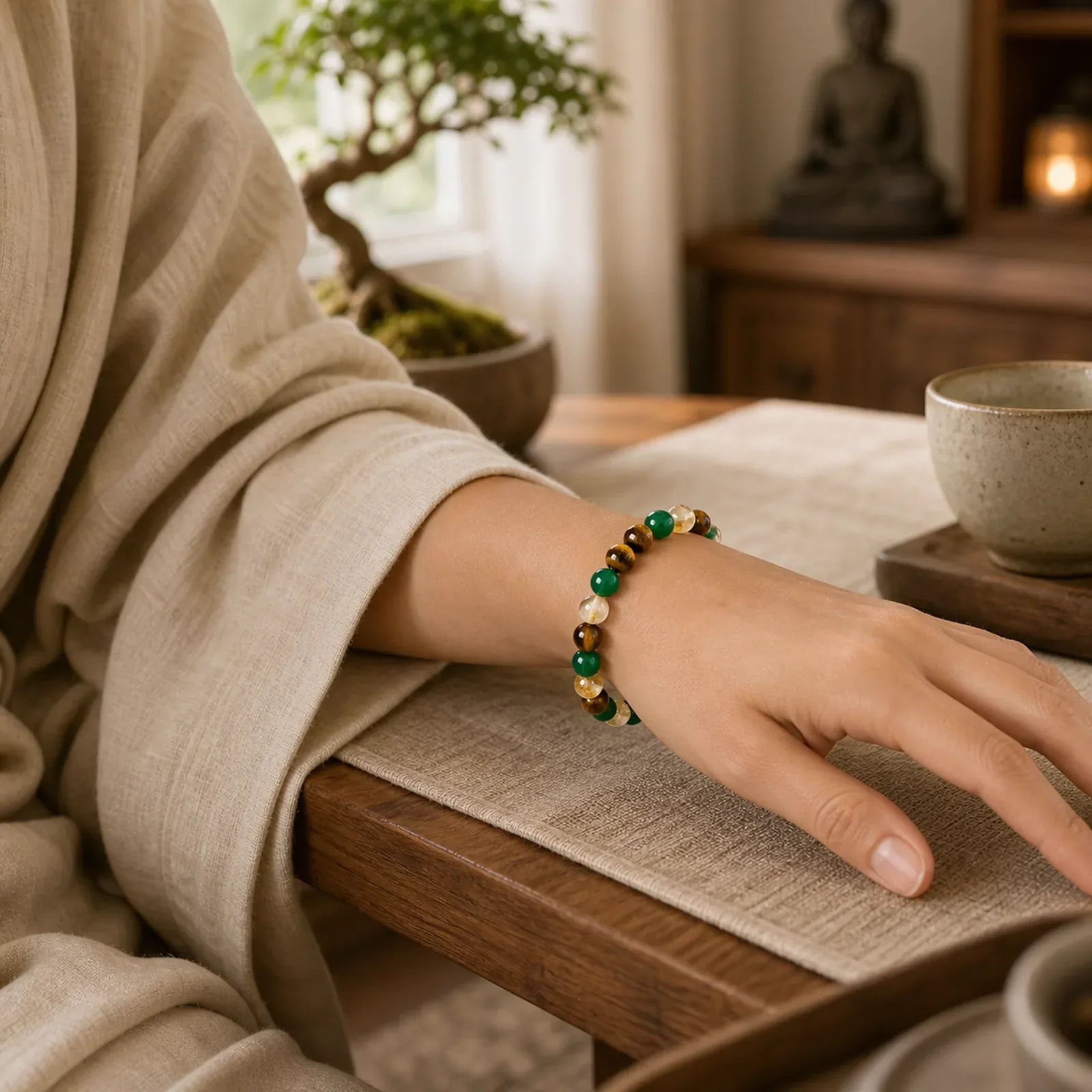Natural Tiger Eye Green Agate Citrine Mix And Match Beads Protection Bracelet featuring Tiger Eye, Green Agate, Citrine