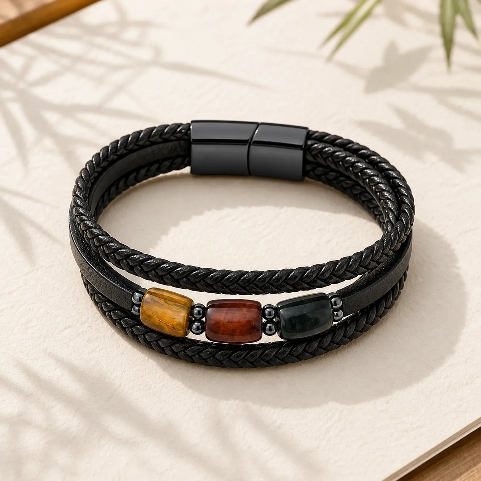 Natural Tiger Eye Green Tiger Eye Red Tiger Eye Leather Strengthen Bracelet featuring Tiger Eye, Green Tiger Eye, Red Tiger Eye