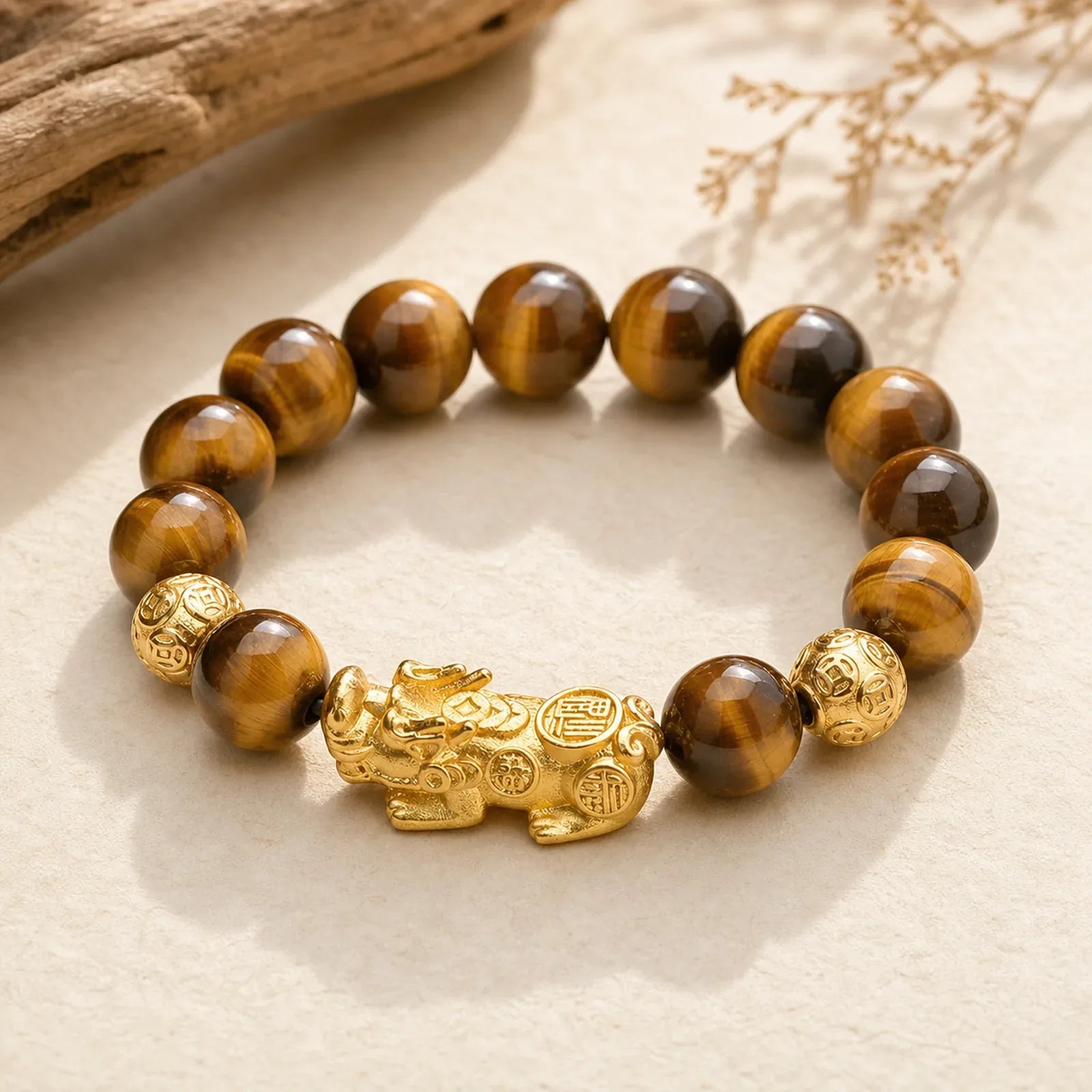 Natural Tiger Eye Pixiu Fu Character Om Mani Padme Hum Bead Courage Bracelet featuring Tiger Eye, Pixiu, Fu Character