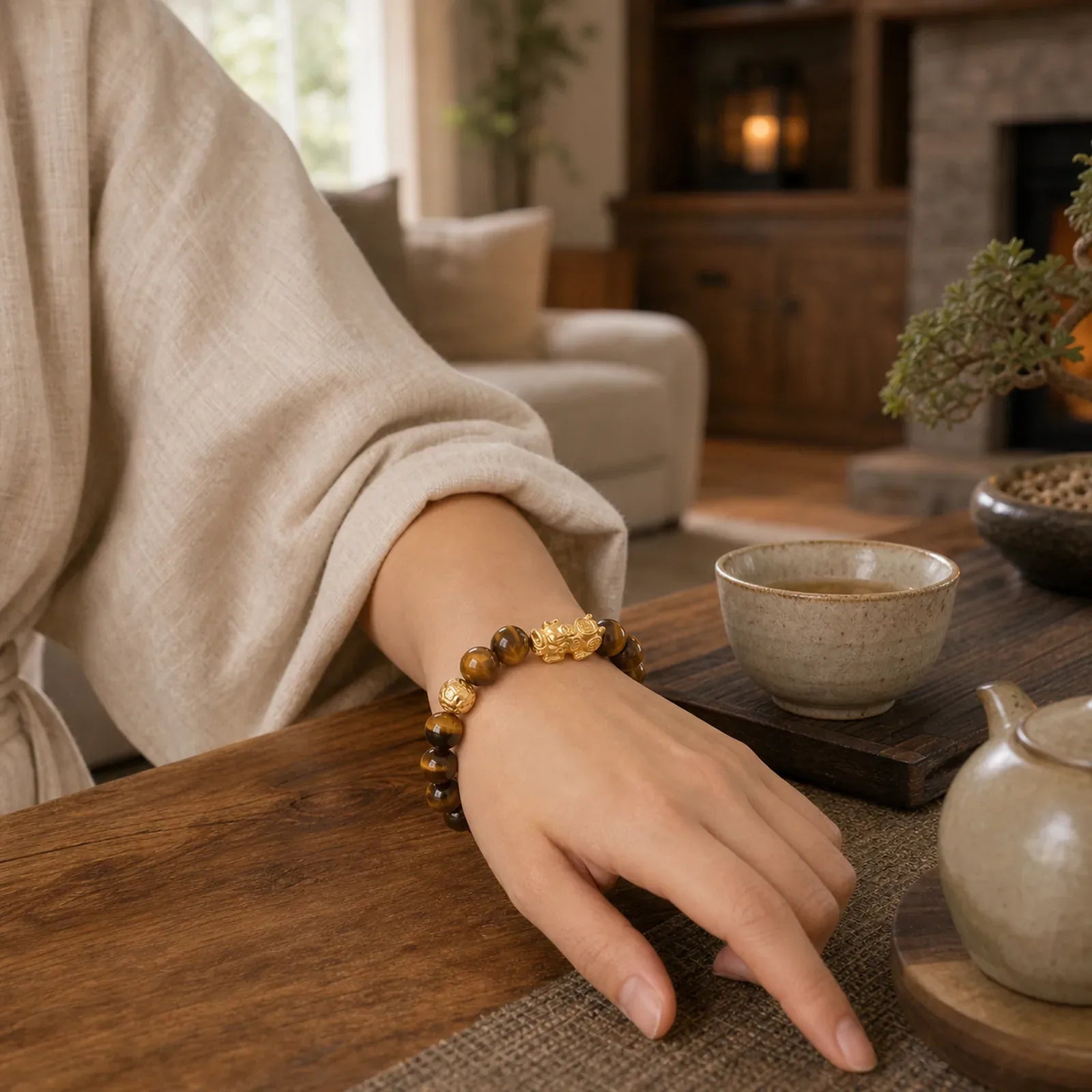 Natural Tiger Eye Pixiu Fu Character Om Mani Padme Hum Bead Courage Bracelet featuring Tiger Eye, Pixiu, Fu Character