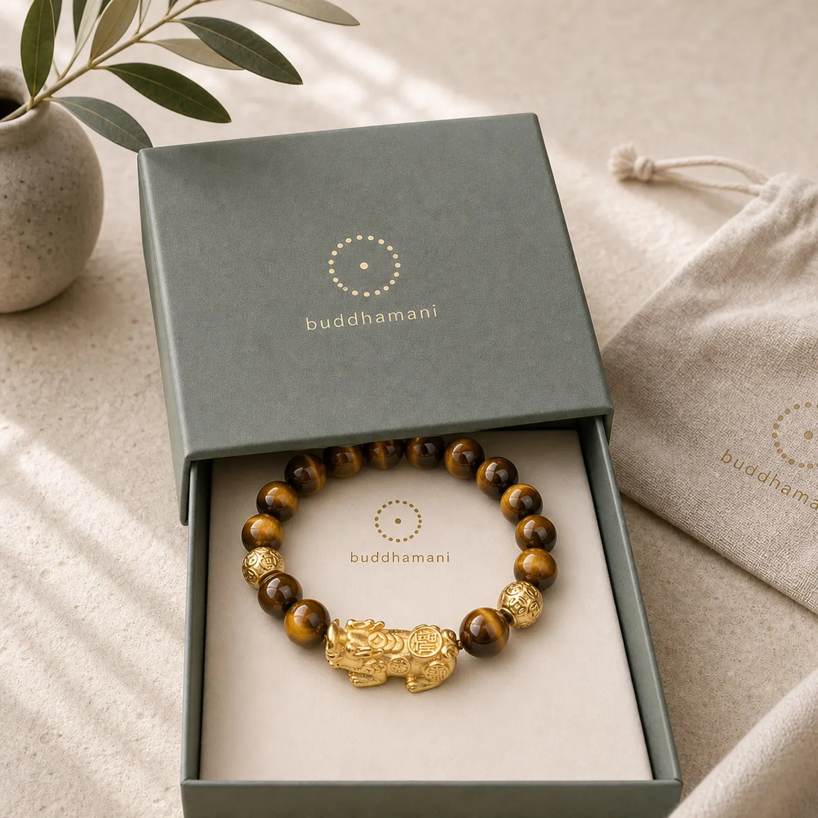 Natural Tiger Eye Pixiu Fu Character Om Mani Padme Hum Bead Courage Bracelet featuring Tiger Eye, Pixiu, Fu Character