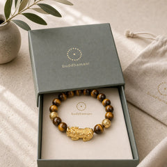 Natural Tiger Eye Pixiu Fu Character Om Mani Padme Hum Bead Courage Bracelet featuring Tiger Eye, Pixiu, Fu Character