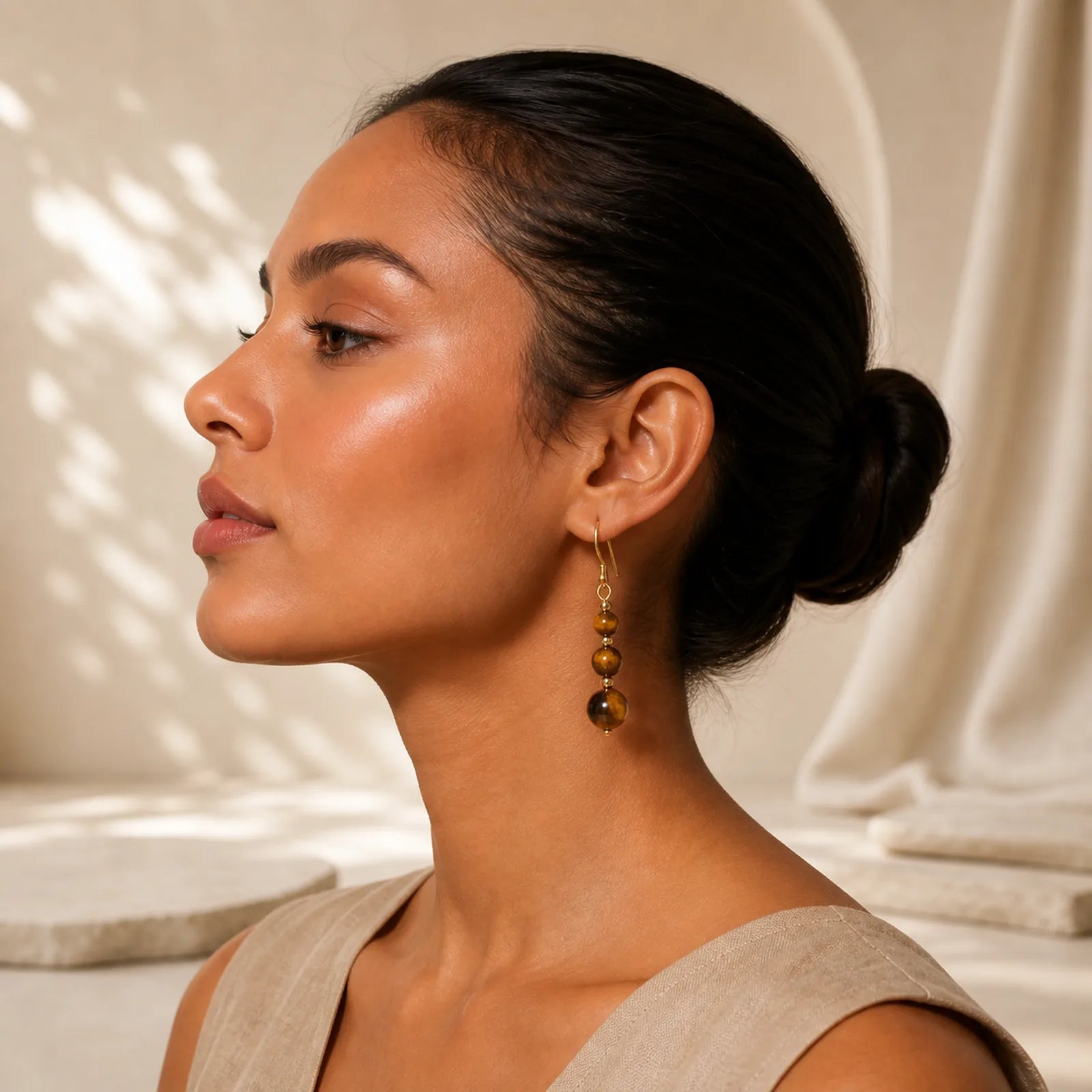Natural Tiger Eye Retro String Beads Strength Earrings featuring Tiger Eye