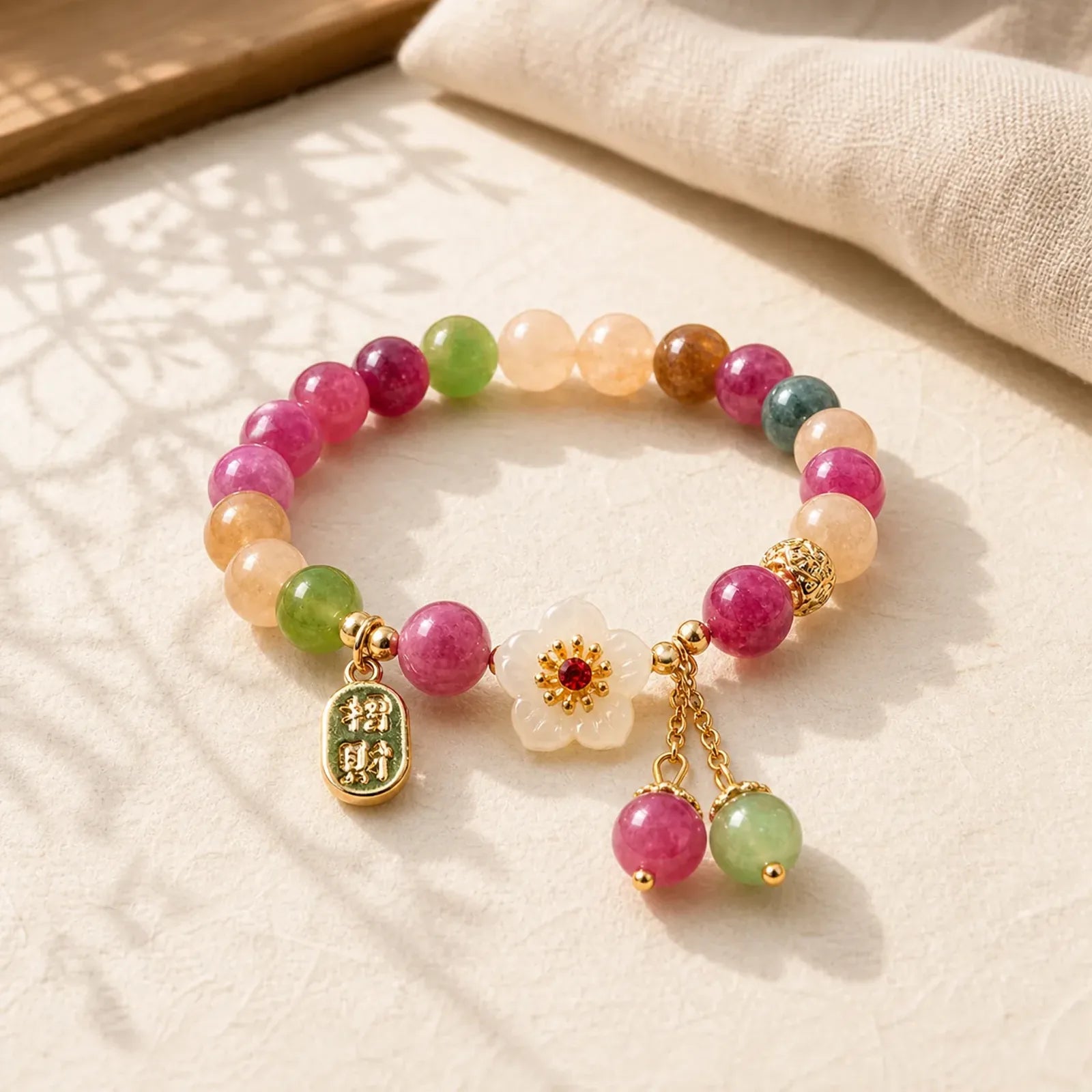 Natural Tourmaline Fu Character Flower Lucky Brand Bracelet featuring Tourmaline, Fu Character, Copper