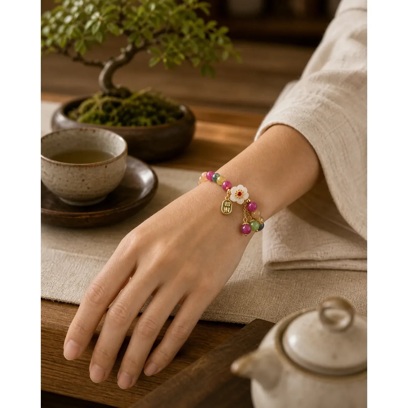 Natural Tourmaline Fu Character Flower Lucky Brand Bracelet featuring Tourmaline, Fu Character, Copper