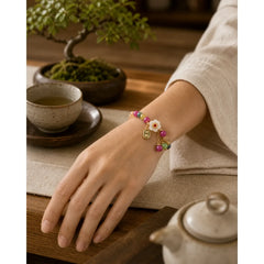 Natural Tourmaline Fu Character Flower Lucky Brand Bracelet featuring Tourmaline, Fu Character, Copper