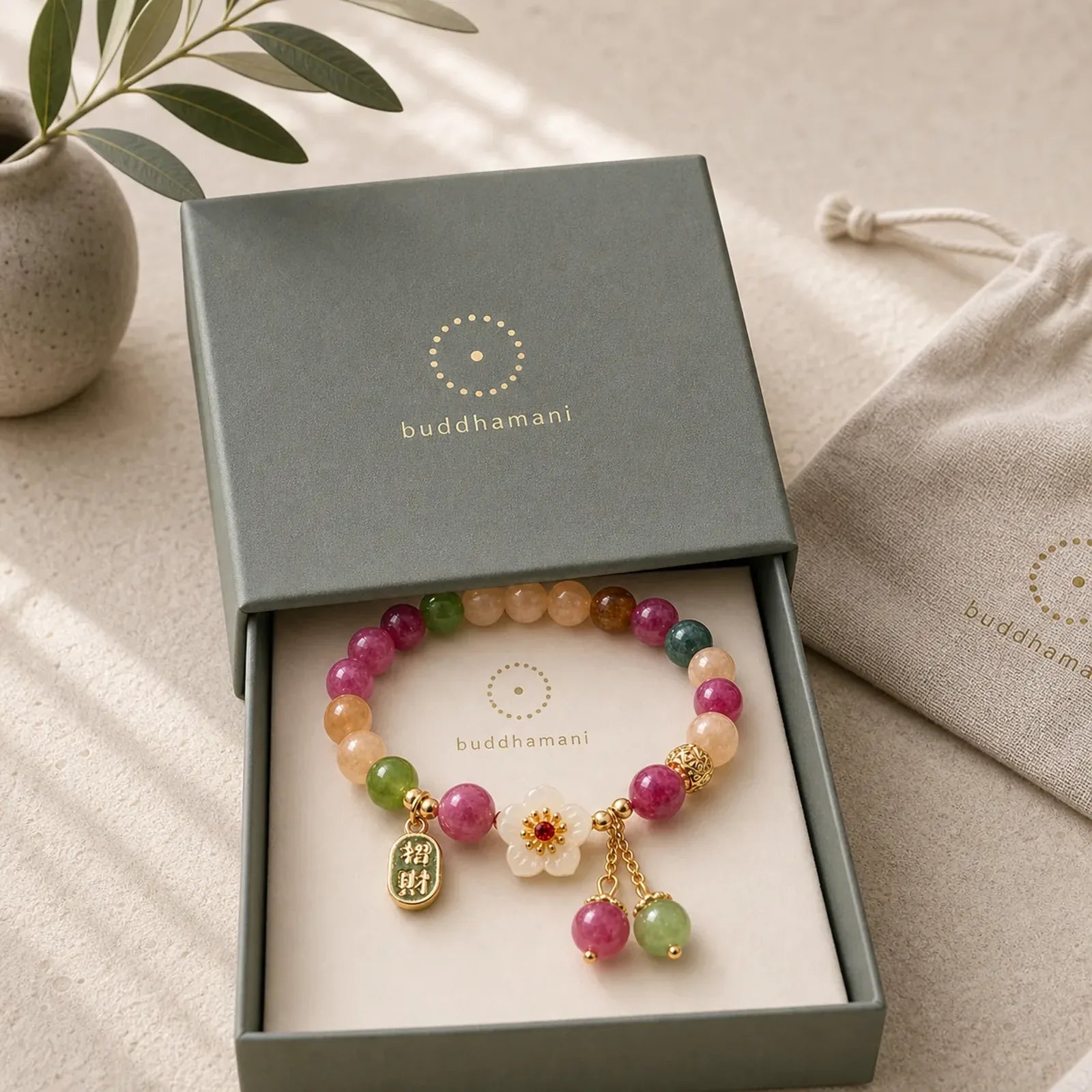 Natural Tourmaline Fu Character Flower Lucky Brand Bracelet featuring Tourmaline, Fu Character, Copper