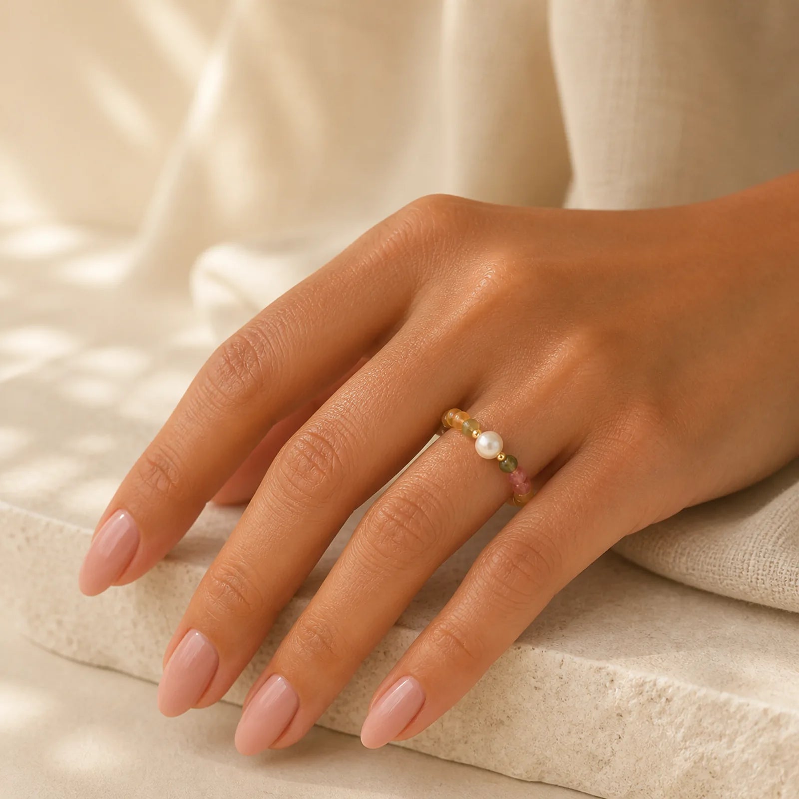 Natural Tourmaline Lucky Pearl Pixiu Amber Positive Love Ring featuring Tourmaline, Pearl, Pixiu