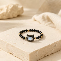 Natural Tridacna Stone Lovely Cat 14K Gold Plated Blessing Ring featuring Tridacna Stone