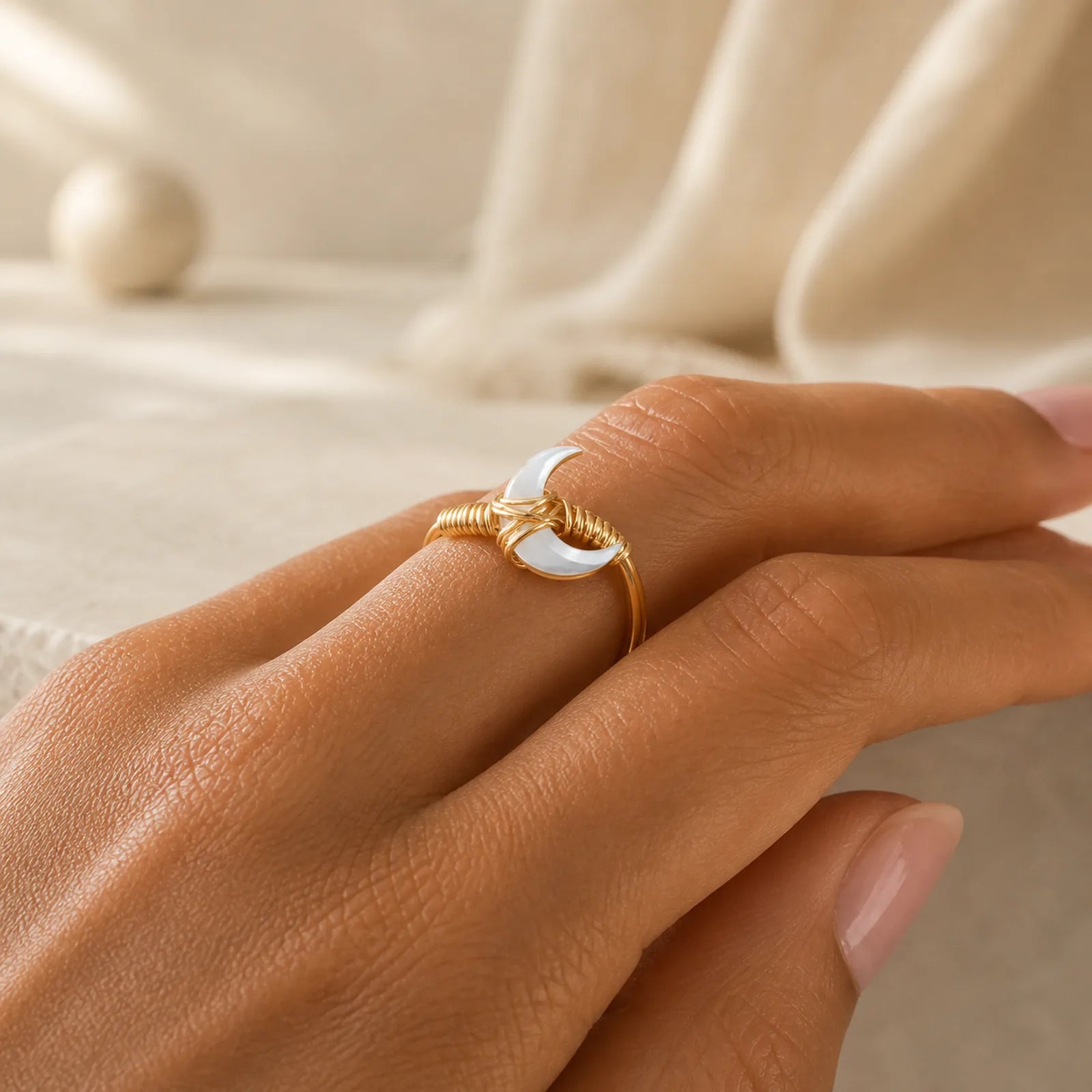 Natural Tridacna Stone Moon 14K Gold Blessing Ring featuring Tridacna Stone